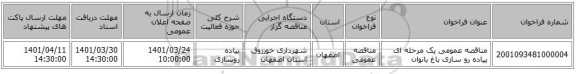 مناقصه، مناقصه عمومی یک مرحله ای پیاده رو سازی باغ بانوان