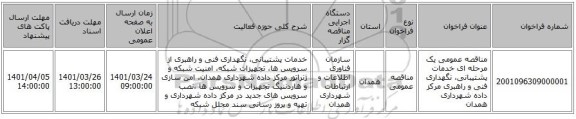 مناقصه، مناقصه عمومی یک مرحله ای خدمات پشتیبانی، نگهداری فنی و راهبری مرکز داده شهرداری همدان