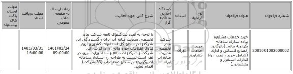مناقصه، خرید خدمات مشاوره پیاده سازی سامانه یکپارچه مالی (بازرگانی )،منابع انسانی و اداری (شامل خرید ، نصب ، راه اندازی، استقرار و پشتیبانی)