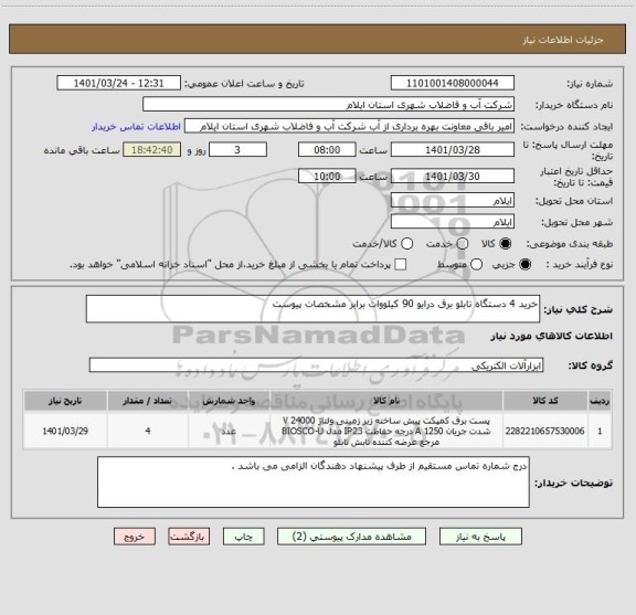 استعلام خرید 4 دستگاه تابلو برق درایو 90 کیلووات برابر مشخصات پیوست