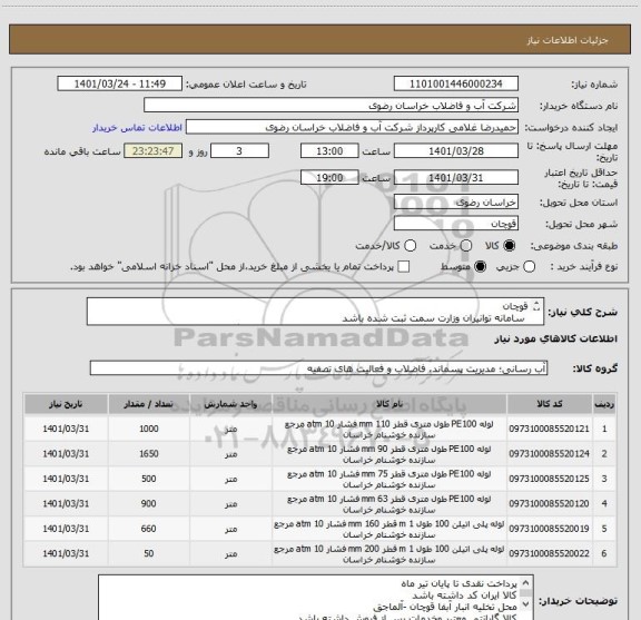 استعلام قوچان
 سامانه توانیران وزارت سمت ثبت شده باشد
کالای تامین کننده دارای گواهی بهداشتی از معاونت غذا ودارو از دانشگاه علوم پزشکی باشد