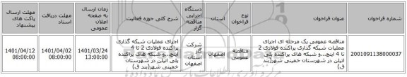 مناقصه، مناقصه عمومی یک مرحله ای اجرای عملیات شبکه گذاری پراکنده فولادی 2 تا 4 اینچ...و شبکه های پراکنده پلی اتیلن در شهرستان خمینی شهر(بند ق)