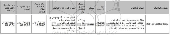 مناقصه، مناقصه عمومی یک مرحله ای انجام خدمات کنتورخوانی و توزیع صورتحساب مشترکین،وصول مطالبات،اشتراک پذیری و خدمات عمومی در سطح نجف آباد