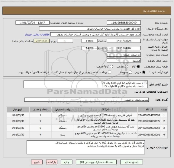 استعلام 2 عدد باند اکتیو 12 اینچ 600 وات EV
6عدد باند پسیو 15اینچ 600وات EV
یک عدد میکسر 1000 دایناکورد
میکروفن 4عدد
(ایرانکدها مشابه)