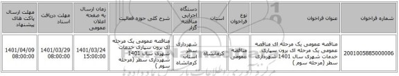 مناقصه، مناقصه عمومی یک مرحله ای مناقصه عمومی یک مرحله ای برون سپاری خدمات شهری سال 1401 شهرداری سطر (مرحله سوم )
