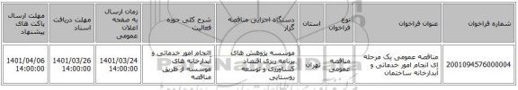 مناقصه، مناقصه عمومی یک مرحله ای انجام امور خدماتی و آبدارخانه  ساختمان