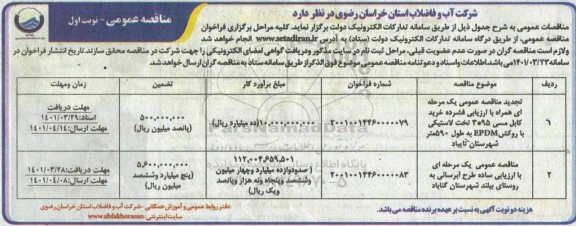 مناقصه خرید کابل مسی 95 * 3 تخت لاستیکی با روکش EPDM ....