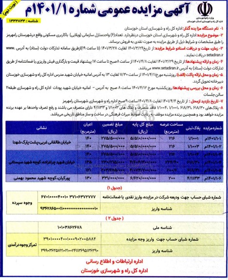 مزایده فروش تعداد 6 واحد منازل سازمانی ویلایی با کاربری مسکونی 