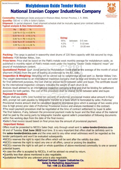 مناقصه و مزایده Molybdenum Oxide produced- نوبت دوم