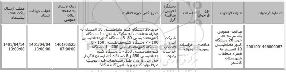 مناقصه، مناقصه عمومی یک مرحله ای خرید 26 دستگاه کنتور مغناطیسی 10 اتمسفر به همراه متعلقات شهرستان کاشمر