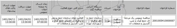 مناقصه، مناقصه عمومی یک مرحله ای جمع آوری و نصب گاردریل و متعلقات آن