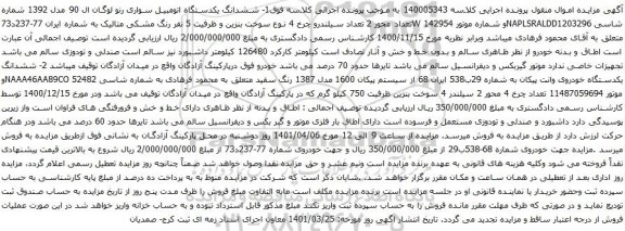 آگهی مزایده  ششدانگ یکدستگاه اتومبیل سواری رنو لوگان ال 90 مدل 1392