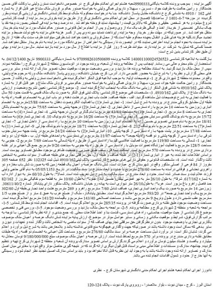 مزایده فروش ملک مشاع غیر قابل افراز به شماره ثبتی 162 / 4910  