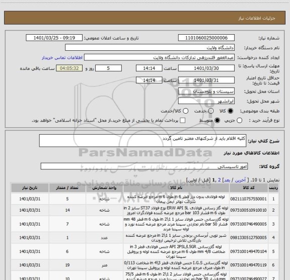استعلام کلیه اقلام باید از شرکتهای معتبر تامین گردد