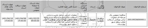 مناقصه، مناقصه عمومی یک مرحله ای عملیات تراش وروکش آسفالت معابر سطح شهر بهارستان