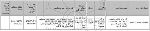 مناقصه، فراخوان ارزیابی کیفی احداث واحدهای طرح نهضت ملی مسکن استان قزوین