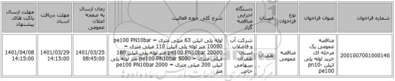 مناقصه، مناقصه عمومی یک مرحله ای خرید لوله پلی اتیلن   pn10- pe100