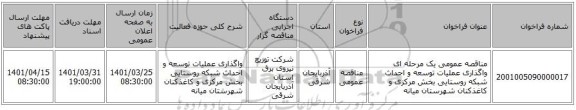 مناقصه، مناقصه عمومی یک مرحله ای واگذاری عملیات توسعه و احداث شبکه روستایی بخش مرکزی و کاغذکنان شهرستان میانه
