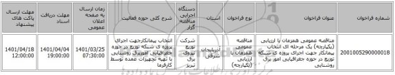 مناقصه، مناقصه عمومی همزمان با ارزیابی (یکپارچه) یک مرحله ای انتخاب پیمانکار جهت اجرای پروژه ی شبکه توزیع در حوزه جغرافیایی امور برق روشنایی