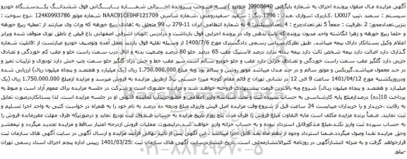 آگهی مزایده ششدانـــگ یکــــدستـــگاه خودرو سیستم : سمند ،تیپ LXXU7