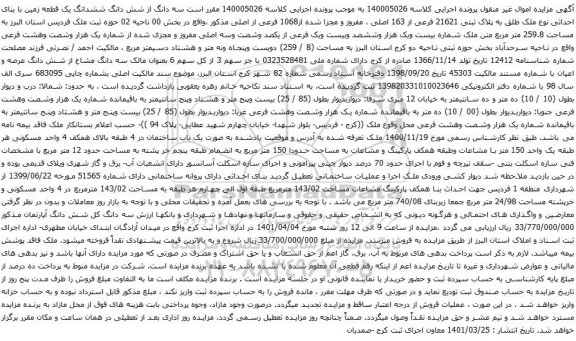 آگهی مزایده سه دانگ از شش دانگ ششدانگ یک قطعه زمین با بنای احداثی نوع ملک طلق به پلاک ثبتی 21621 فرعی از 163 اصلی