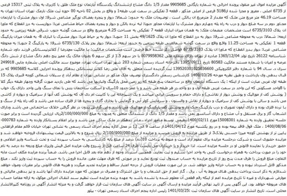 آگهی مزایده مقدار 1/5 دانگ مشاع ازششدانگ یکدستگاه آپارتمان نوع ملک طلق با کاربری به پلاک ثبتی 15317 فرعی از 6735 اصلی 