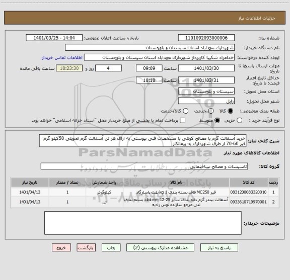 استعلام خرید آسفالت گرم با مصالح کوهی با مشخصات فنی پیوستی به ازای هر تن آسفالت گرم تحویلی 50کیلو گرم قیر 60-70 از طرف شهرداری به پیمانکار