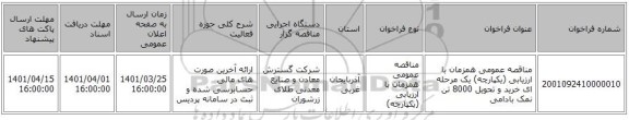 مناقصه، مناقصه عمومی همزمان با ارزیابی (یکپارچه) یک مرحله ای خرید و تحویل 8000 تن نمک بادامی