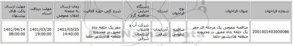 مناقصه، مناقصه عمومی یک مرحله ای حفر یک حلقه چاه عمیق در محدوده منطقه هادیشهر-جلفا