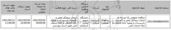 مناقصه، مناقصه عمومی یک مرحله ای انتخاب پیمانکار تعمیر و نگهداری تاسیسات و تصفیه خانه فاضلاب و ارائه خدمات فنی