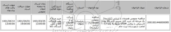 مناقصه، مناقصه عمومی همزمان با ارزیابی (یکپارچه) یک مرحله ای خرید کابل مسی  3 در 95 تخت لاستیکی با روکش EPDM مربوط به چاه 17 امامت شهرستان تربت جام