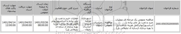 مناقصه، مناقصه عمومی یک مرحله ای عملیات خرید و نصب پل عابر پیاده با آسانسور(تهاترکامل هزینه ساخت پل با بهره برداری ازسازه ی تبلیغاتی پل)