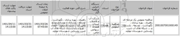 مناقصه، مناقصه عمومی یک مرحله ای راهبری ، بهره برداری ، نگهداشت ، توسعه ، بازسازی و ... شبکه های آب شرب روستایی شهرستان نهاوند