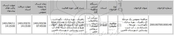 مناقصه، مناقصه عمومی یک مرحله ای راهبری ، بهره برداری ، نگهداشت ، توسعه ، بازسازی و ... آب شرب روستایی شهرستان فامنین