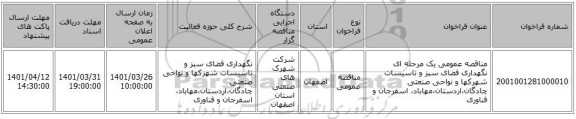 مناقصه، مناقصه عمومی یک مرحله ای نگهداری فضای سبز و تاسیسات شهرکها و نواحی صنعتی چادگان،اردستان،مهاباد، اسفرجان و فناوری