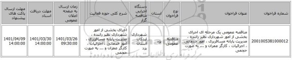 مناقصه، مناقصه عمومی یک مرحله ای اجرای بخشی از امور شهرداری نظیر راننده ، مدیریت پایانه مسافربری ، امور خدماتی ،  اجرائیات ، کارگر عمران و ... به صورت حجمی