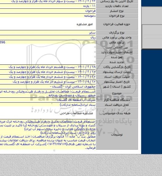 مناقصه, استعلام قیمت: مطالعات تحلیل و رفتار هیدرولیکی رودخانه اترک مرزی به منظور...سیلاب و مهندسی رودخانه