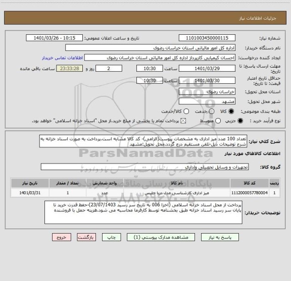استعلام تعداد 100 عدد میز اداری به مشخصات پیوست(الزامی)- کد کالا مشابه است.پرداخت به صورت اسناد خزانه به شرح توضیحات ذیل-تلفن مستقیم درج گردد.محل تحویل:مشهد