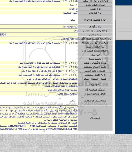 مناقصه, انتخاب پیمانکار جهت اجرای پروژه ی شبکه توزیع در حوزه جغرافیایی اموربرق روشنایی با تهیه تجهیزات عمده