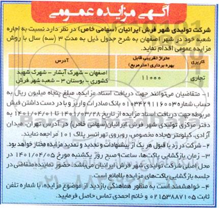 مزایده عمومی اجاره شعبه کاربری تجاری