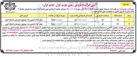 مزایده مزایده فروش تعداد 2 پلاک زمین با کاربری تجاری نوبت اول چاپ اول