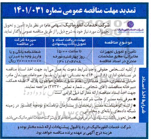 تمدید مهلت مناقصه تامین و تحویل تجهیزات مخابراتی