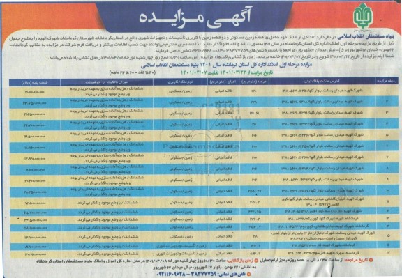 مزایده فروش 15 قطعه زمین مسکونی و دو قطعه زمین با کاربری تاسیسات و تجهیزات شهری