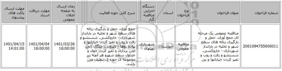 مناقصه، مناقصه عمومی یک مرحله ای جمع آوری، حمل و بارگیری زباله های سطح شهر و تخلیه در بارانداز شهرداری -  جاروکشی، شستشو و رفت و روب و تمیز کردن خیابانها و پی