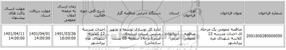 مناقصه، مناقصه عمومی یک مرحله ای احداث مدرسه 12 کلاسه شهدای غزه پیرانشهر