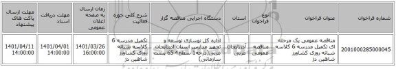 مناقصه، مناقصه عمومی یک مرحله ای تکمیل مدرسه 6 کلاسه شبانه روزی کشاورز شاهین دژ