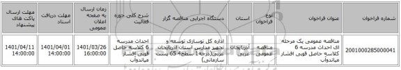 مناقصه، مناقصه عمومی یک مرحله ای احداث مدرسه 6 کلاسه حاصل قوبی افشار میاندوآب