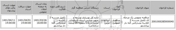 مناقصه، مناقصه عمومی یک مرحله ای تکمیل مدرسه 2 کلاسه مشارکتی گنه دار پیرانشهر