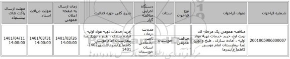 مناقصه، مناقصه عمومی یک مرحله ای  نوبت اول خرید خدمات تهیه مواد اولیه ، آماده سازی ، طبخ و توزیع غذا بیمارستان امام موسی کاظم(ع)بندرما