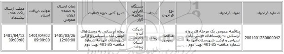 مناقصه، مناقصه عمومی یک مرحله ای پروژه آبرسانی به روستاهای فونش آباد ، اسپاس و ارکین شهرستان ابهر به شماره مناقصه 35-401 نوبت دوم